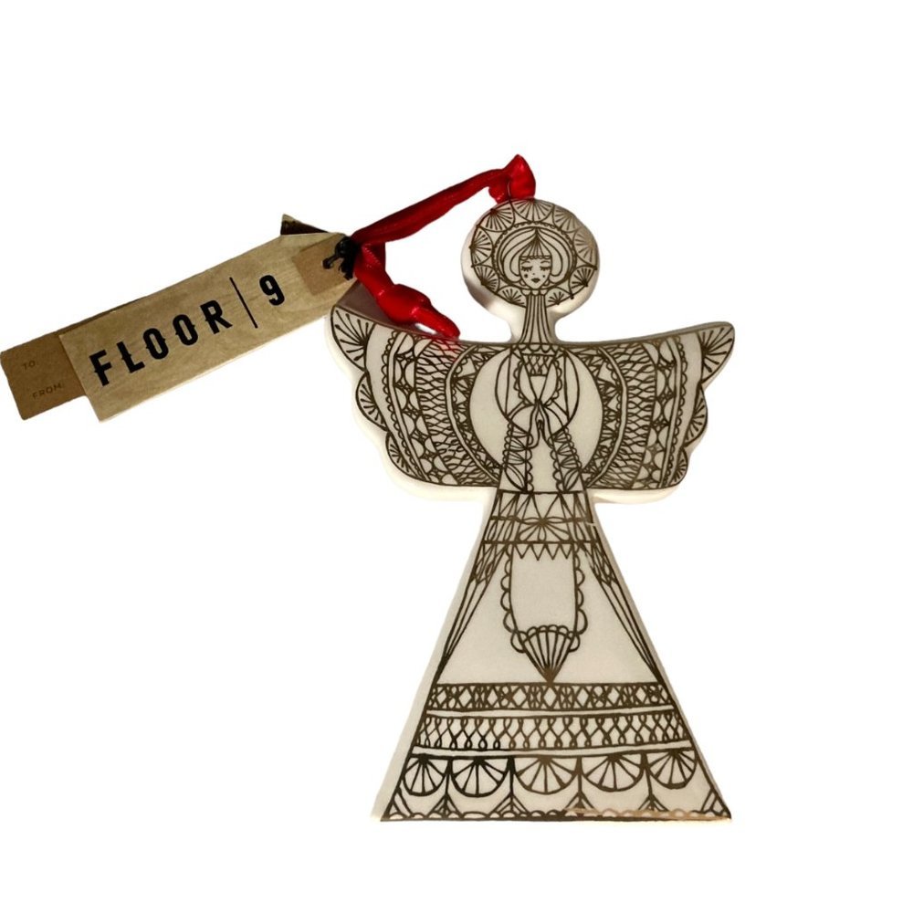 NEW Floor 9 Ceramic Gold Trim Boho Angel Christmas Holiday Ornament‎ Gift 6”x4”